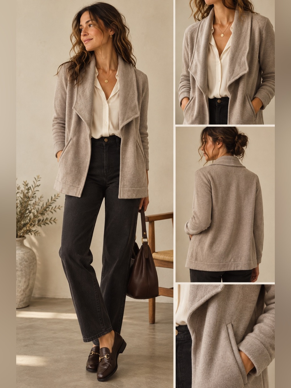 100% Merino Wool Taupe Open Front Waterfall Shawl Collar Cardigan Sweater